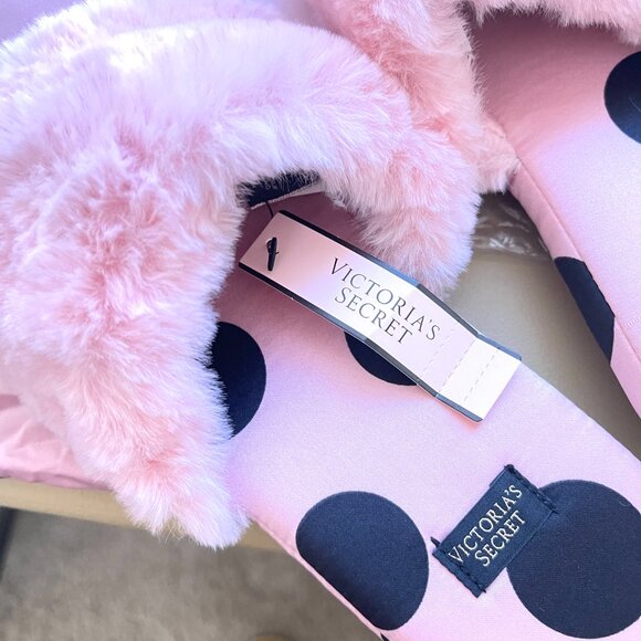 New Victoria's Secret Slippers Small 5 6 Pink Black Dot Satin Faux Fur NWT - Picture 7 of 10